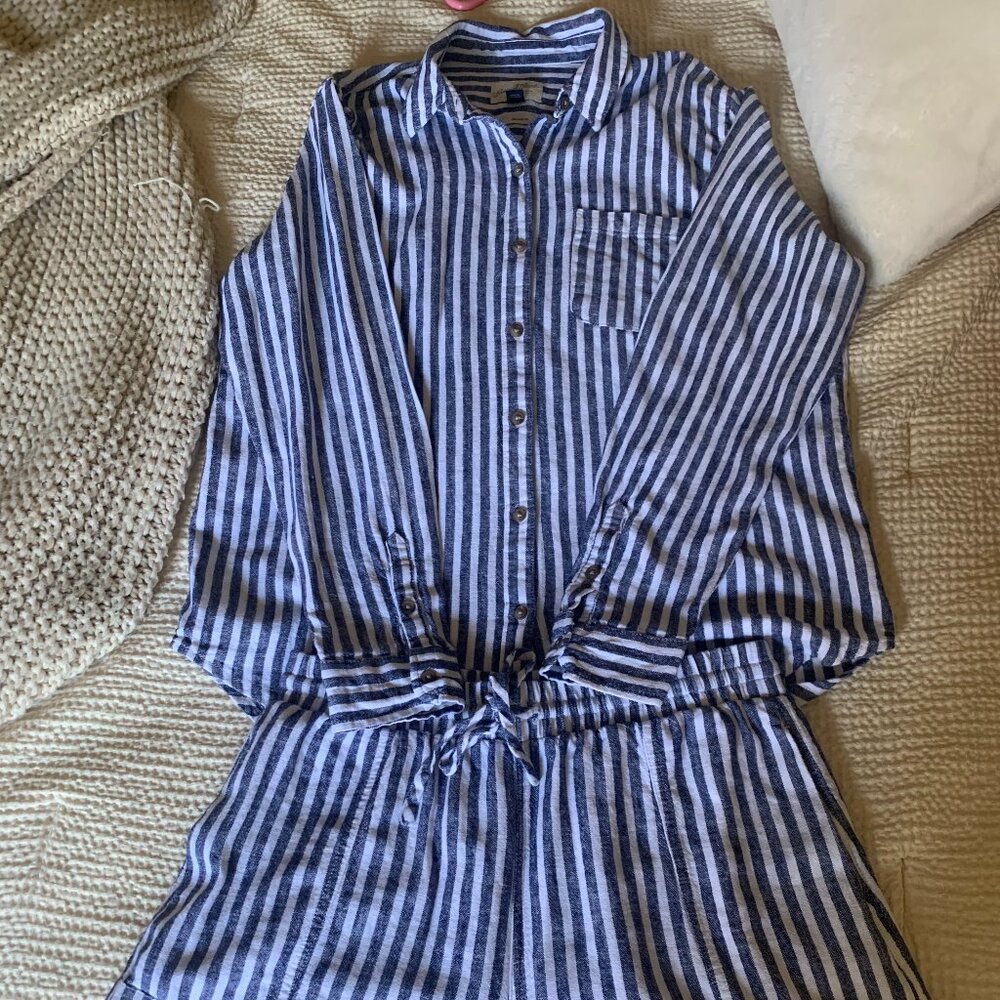 Universal Thread Linen Button-Down Shirt/Pull-On Shorts Set Small Navy Striped